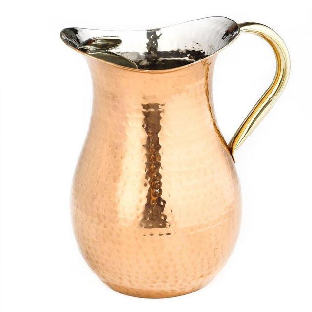 Old Dutch Copper Plated Hammered Water Pitcher with Brass Ice Guard Handle, 2.25-Quart