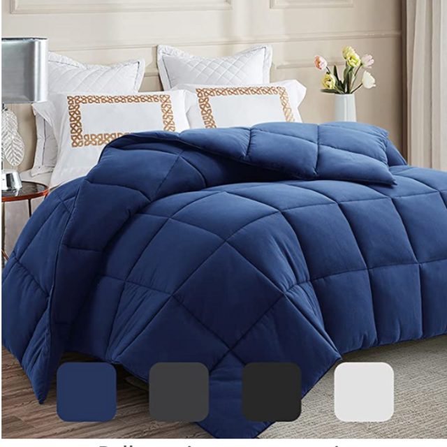 MERITLIFE Comforter King Size All Seasons Quilted Down Alternative Comforter 2100 Series Cooling Breathable Bedding Hotel Comforter Reversible Duvet Insert Machine Washable(Navy Blue King 90"x102")