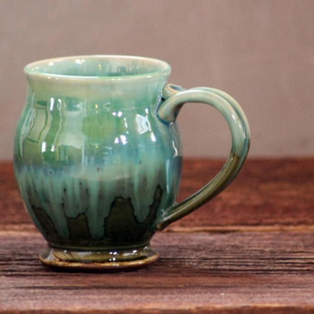 Hand thrown stoneware pottery mug Rainbow Trout green Barrel style