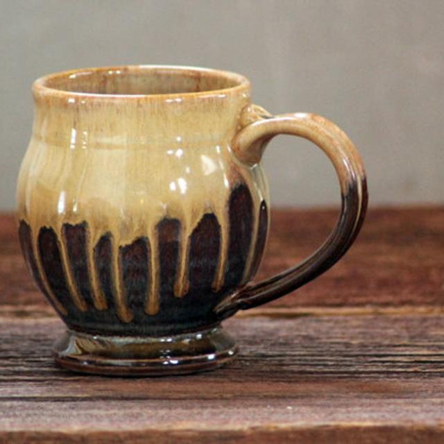 Hand thrown stoneware pottery mug Mocha Drip brown caramel coffee Barrel style