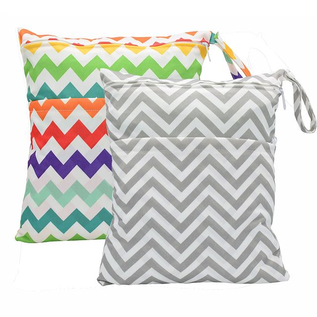 2 pcs Baby Wet/Dry Bag Splice Cloth Diaper Waterproof Bags with Zipper Snap Handle (Chevron Rainbow and Grey)
