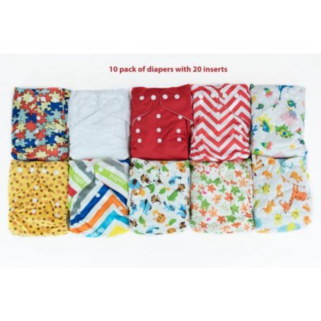10 Pack Pocket Cloth Diapers with 20 Inserts (2 Inserts Per Diaper)-unisex