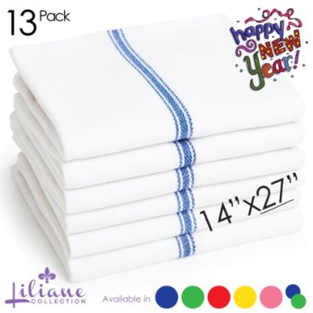 Liliane Collection Kitchen Dish Towels (13 Units) - Commercial Grade Absorbent 100% Cotton Kitchen Towels (Size: 25" x 14") - Classic Tea Towels in White with Blue Stripes - Bakers Dozen Includes 13 Kitchen Towels