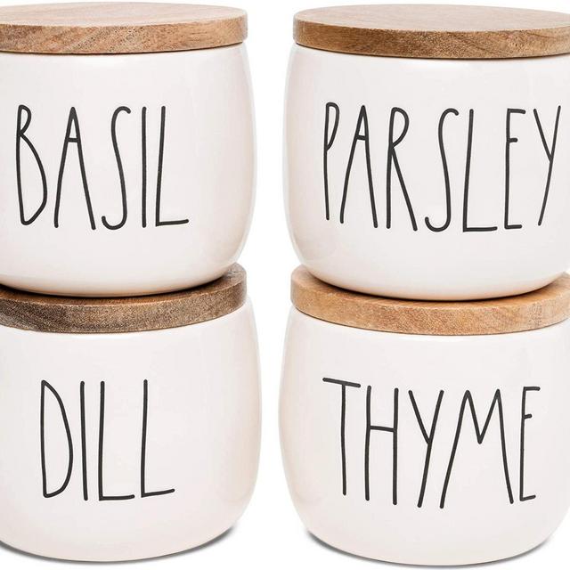 Rae Dunn Herb Jars with Wooden Lids, Set of 4 Kitchen Jars for Herbs or Spices, Seasoning Containers with Lids, Herb Jars for Thyme, Basil, Parsley, and Dill