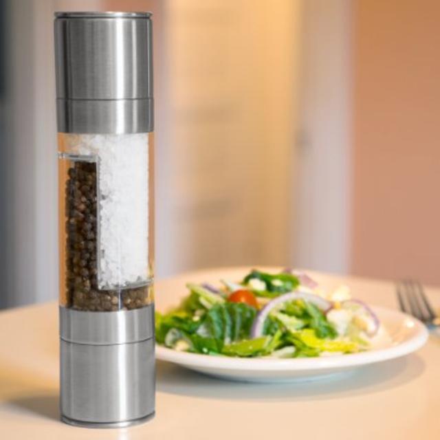 Dual Salt & Pepper Mill | Brushed Stainless Steel | Two Ceramic Grinders, One Mill | Simple Efficient Operation | Ellegent Design