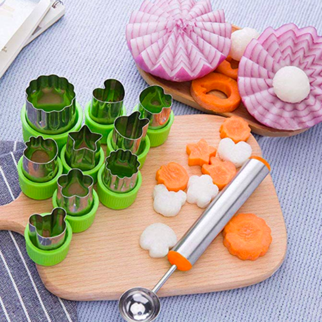 TIMGOU 12 Pcs Vegetable Fruit Cutter Shapes Set with Melon Baller Scoop and Cleaning Brush, Mini Pie Cookie Stamps Mold for Kids Crafts Baking and Food Supplement Tools for Kitchen-Green