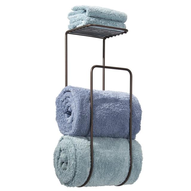 mDesign Wall Mount Towel Holder with Shelf for Bathroom - Bronze