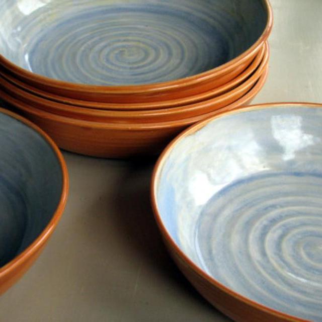 Handmade pottery, ceramic, stoneware clay, set of six pasta bowls orange and blue