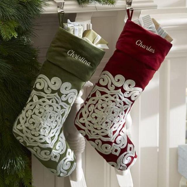 Velvet Medallion Embroidered Stocking, Evergreen