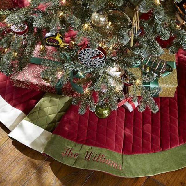 Velvet Tree Skirt, Green with Ivory Trim