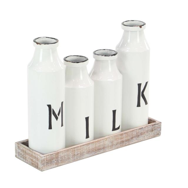 Decmode Farmhouse Metal Milk Bottles On Wooden Tray, White