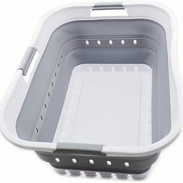 SAMMART 42L (11 gallon) Collapsible Plastic Laundry Basket - Foldable Pop Up Storage Container/Organizer - Portable Washing Tub - Space Saving Hamper/Basket (1, White/Grey)