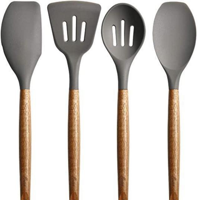 Miusco Non-Stick Silicone Kitchen Utensils Set with Natural Acacia Hard Wood Handle, 5 Pieces, Grey, BPA Free, Baking, Serving and Cooking Utensils