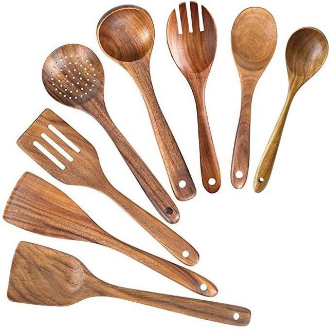 Wooden Spoons for Cooking,Nonstick Kitchen Utensil Set,Wooden Spoons Cooking Utensil Set Non Scratch Natural Teak Wooden Utensils for Cooking(Teak 8 Pack)