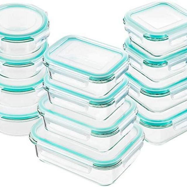 Bayco Glass Food Storage Containers with Lids, [24 Piece] Glass Meal Prep Containers, Airtight Glass Bento Boxes, BPA Free & Leak Proof (12 lids & 12 Containers) - Blue
