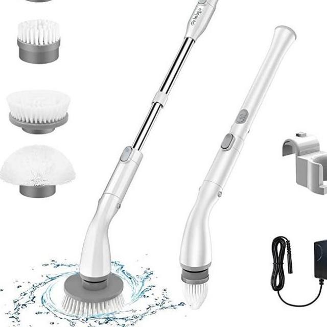 LABIGO Electric Spin Scrubber LA1 Pro, Cordless Spin Scrubber with 4 Replaceable Brush Heads and Adjustable Extension Handle, Power Cleaning Brush for Bathroom Floor Tile (White)