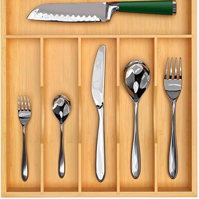 Luxury Bamboo Kitchen Drawer Organizer - Silverware Organizer/Utensil Holder and Cutlery Tray with Grooved Drawer Dividers for Flatware and Kitchen Utensils (7 Slot, Natural)