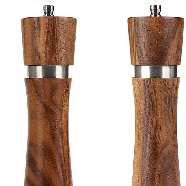 8 Inch 2 Pack Salt and Pepper Grinder Set, Acacia Wood Salt and Pepper Mill Kit,Manual with Adjustable Coarseness, Best Gifts (Salt and Pepper mill set of 2)