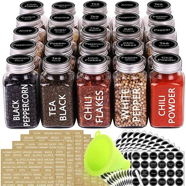 SWOMMOLY 25 Glass Spice Jars 6 oz Empty Square Spice Bottles with 703 Spice Labels, Chalk Marker and Funnel Complete Set. Spice Containers with Airtight Cap, Pour/sift Shaker Lid