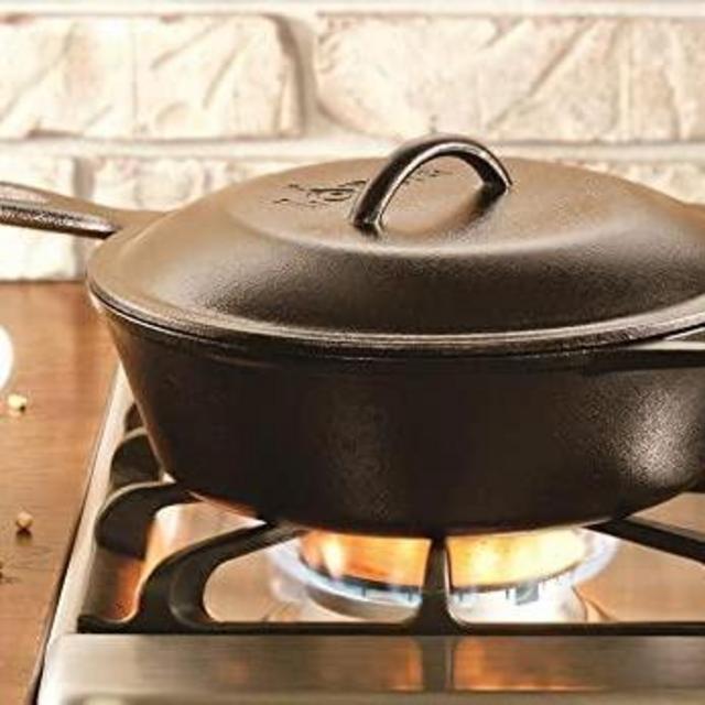 Lodge 3 Quart Cast Iron Deep Skillet with Lid. Covered Cast Iron Skillet for Deep Frying and and Bread Baking.