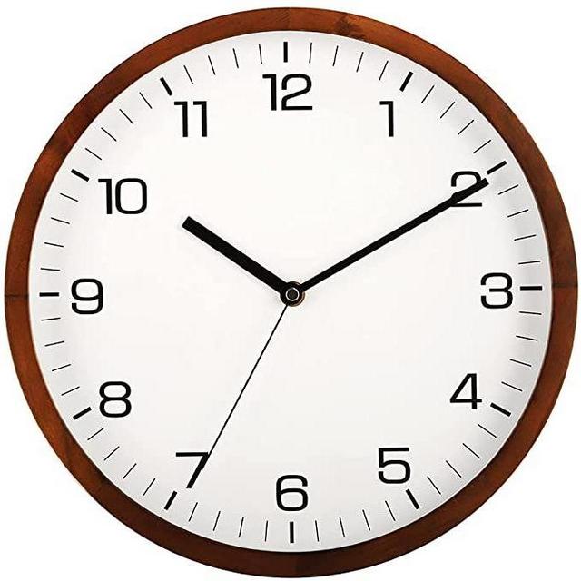 12 Inches Round Wooden Wall Clock Battery Operated Silent Non-Ticking,Metal Pointer&Glass Cover, for Office Kitchen Bedroom Classroom&Living Room, Brown
