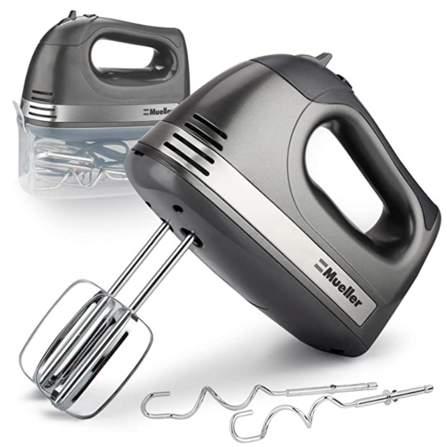 Mueller Electric Hand Mixer, 5 Speed 250W Turbo with Snap-On Storage Case and 4 Chrome-plated Steel Accessories