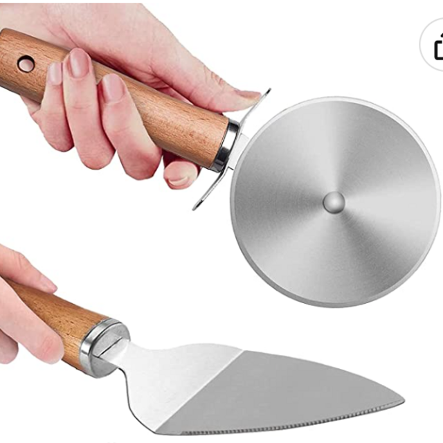 Pizza Cutter, Pizza Cutter Wheel and Server Set, Super Sharp Pizza Slicer with Hand Guard Handle Design, Stainless Steel Blade, Wooden Non Slip Handle, Easy to Clean, for Pies, Waffles, Bread(2 Pcs)