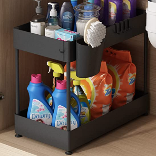 Under Sink Organizer, Under Bathroom Cabinet Storage 2 Tier Under Sink Storage Rack with 6 Hooks, Under Cabinet Organizer Baskets, Multi-purpose Under Sink Shelf Organizer for Bathroom Kitchen (Black)