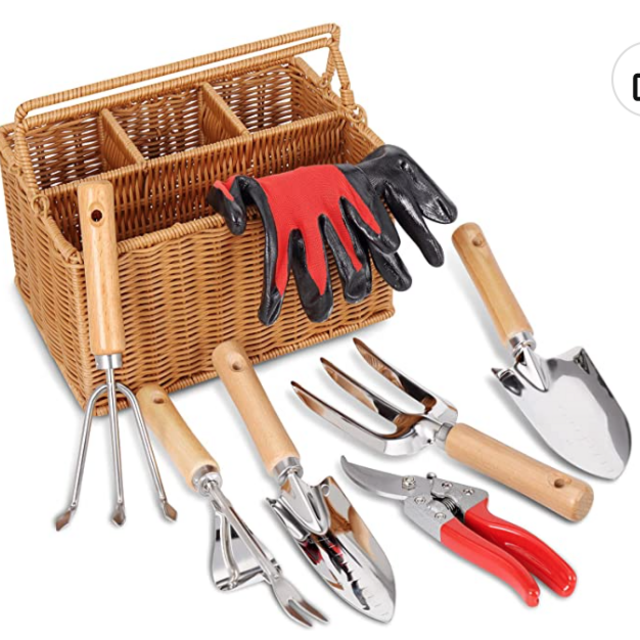 8 Piece Garden Tool Set with Basket, Stainless Steel Extra Heavy Duty Gardening Hand Tools Kit with Wood Handle for Men Women
