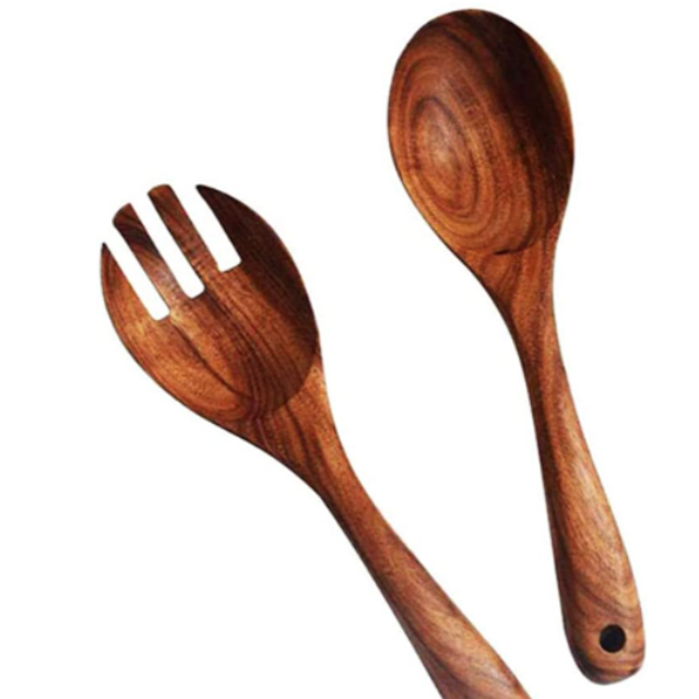 Kalinco Wooden Acacia Salad Servers with Salad Spoon and Fork Set Cooking Utensils for Kitchen (Natural Handmade Cookware) (salad servers)
