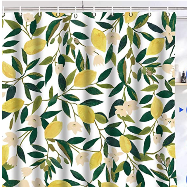 Lifeel Lemon Shower Curtains, Allover Fruits Shower Curtain Green Leaves Plant Design Waterproof Fabric Bathroom Shower Curtain Set with 12 Hooks, Green Yellow 72"×72"