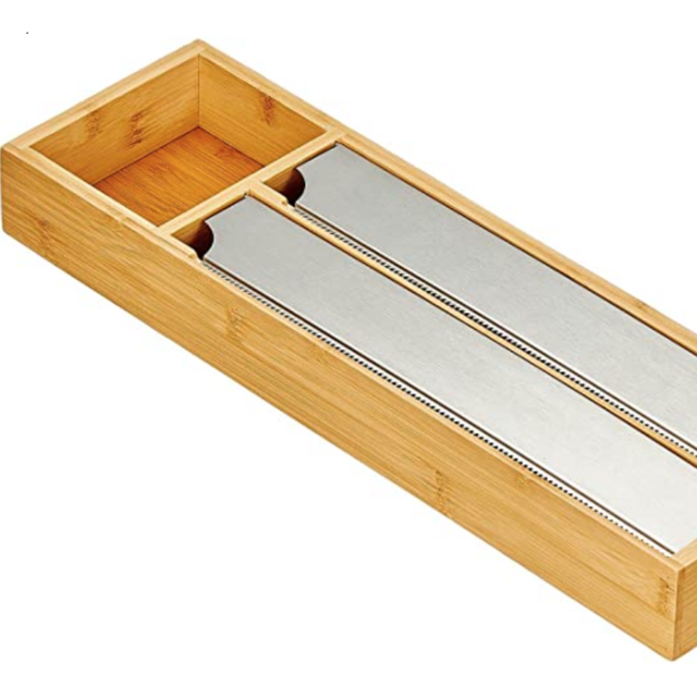 mDesign Bamboo Foil, Parchment Paper and Plastic Cling Film Wrap Organizer and Dispenser/Cutter for Kitchen Drawer - 2 Roll Storage/Cutting Sections - Home Sort Collection - Natural/Silver