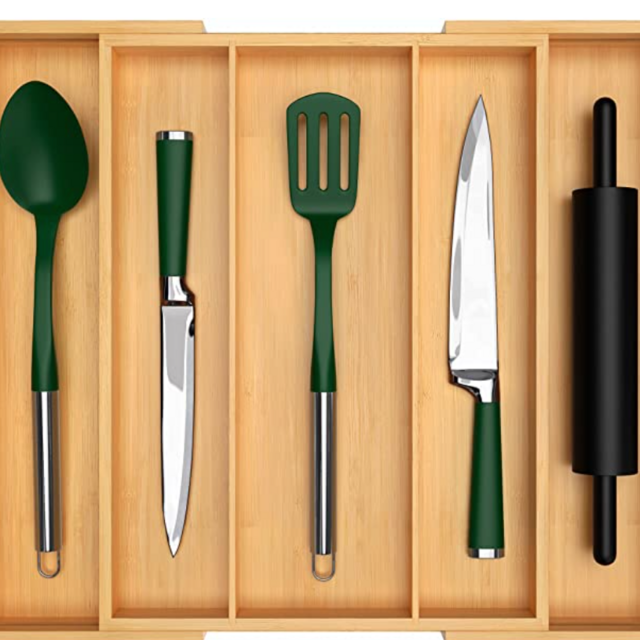 Luxury Bamboo Kitchen Drawer Organizer - Expandable Utensil Organizer for Drawer - Utensil and Silverware Holder and Cutlery Tray (Natural, 20" x17.5")
