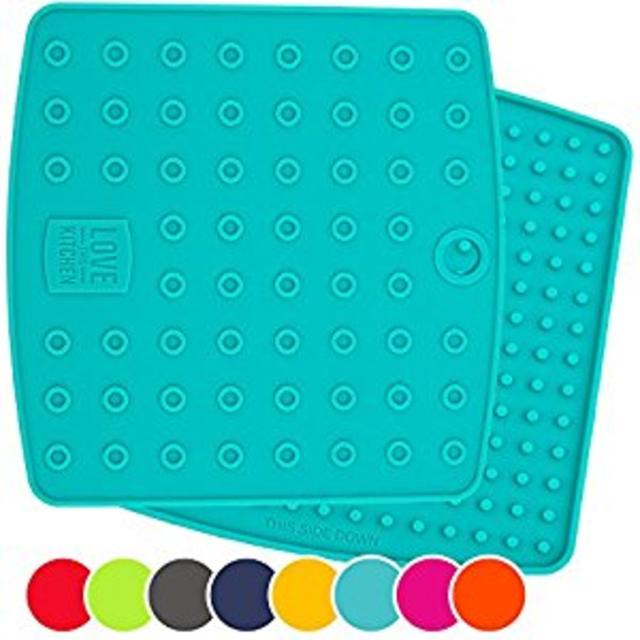 Premium Silicone Trivet Mats / Hot Pads, Pot Holders, Spoon Rest, Jar Opener & Coasters - Our 5 in 1 Kitchen Tool is Heat Resistant to 442 °F, Thick & Flexible (7" x 7", Teal, Set of 2)