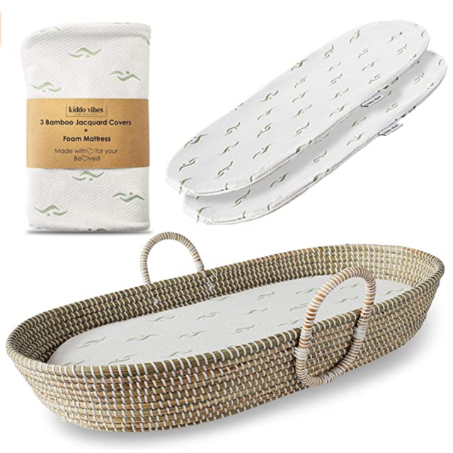 Baby Changing Basket for Nursery Changing Table Set. Baby Moses Basket, Thick Diaper Changing Pad and 3 Soft Bamboo Changing Mat Covers. Newborn Seagrass Basket, Cute Baby Shower Gift