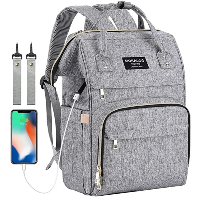 Diaper Bag Backpack, Mokaloo Large Baby Bag, Multi-functional Travel Back Pack, Anti-Water Maternity Nappy Bag Changing Bags with Insulated Pockets Stroller Straps and Built-in USB Charging Port, Gray
