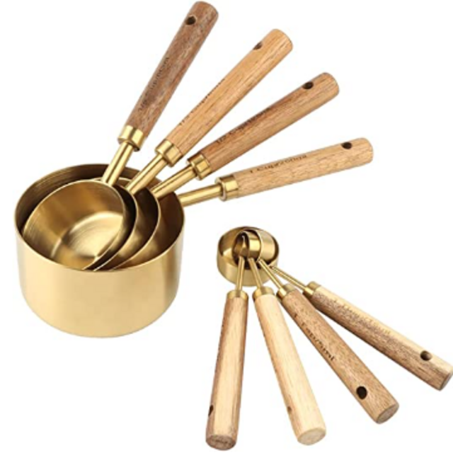 8 Piece Measuring Cups and Spoons Set Stainless Steel Measuring Cups and Spoons with Wood Handle for Dry and Liquid Ingredients(Golden)