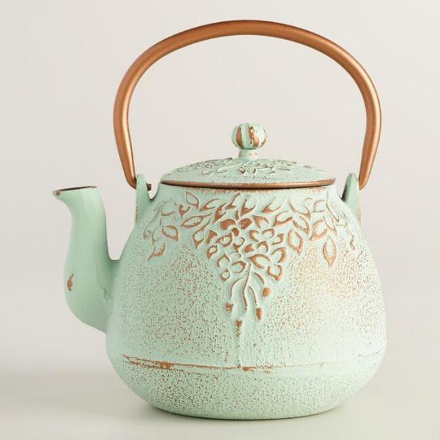 Light Green Embossed Cast Iron Teapot