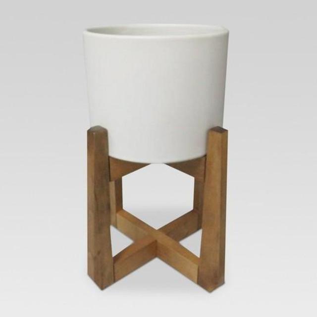 White Wood & Stoneware Indoor Planter: Small