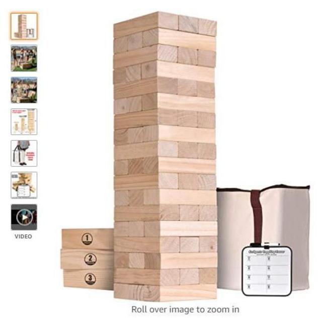 GoSports Giant Wooden Toppling Tower (Stacks to 5+ Feet) - Choose Between Natural, Brown Stain, Gray Stain or Stars and Stripes - Includes Bonus Rules with Gameboard, Made from Premium Pine