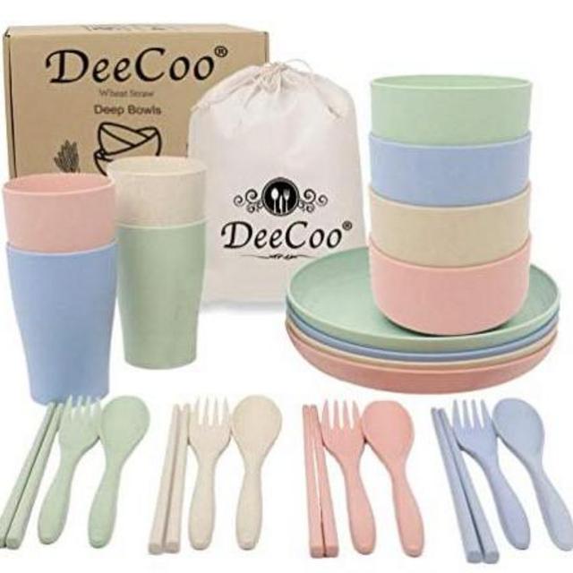 DeeCoo Wheat Straw Dinnerware Sets of 4 (24pcs), Unbreakable and Lightweight Serving Bowls, Cups, Plates, Chopsticks, Forks, Spoons Set, Microwave & Dishwasher Safe Dish Bowl for Kids or Picnics
