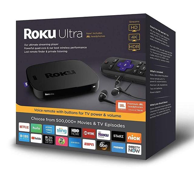 Roku Ultra | HD/4K/HDR Streaming Media Player Voice Remote, Remote Finder & USB. Now includes Premium JBL Headphones. (2018)