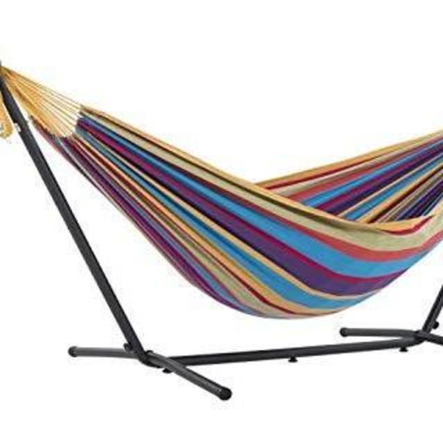 Vivere Double Hammock with Space-Saving Steel Stand, Tropical