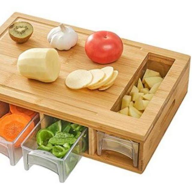 NOVAYEAH Bamboo Cutting Board with 4 Containers, Large Chopping Board with Juice Grooves, Easy-grip Handles & Food Sliding Opening, Carving Board with Trays for Food Storage, Transport and Cleanup