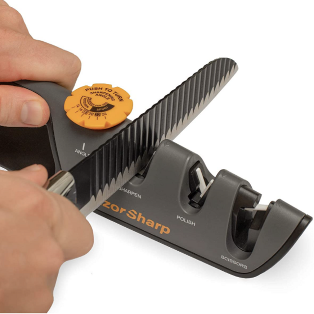 RAZORSHARP Knife Sharpener. Convenient Angle Adjustment Knob For All Knives. Sharpen And Polish, Diamond, Ceramic, Extra Sturdy Grip With Rubber Base.