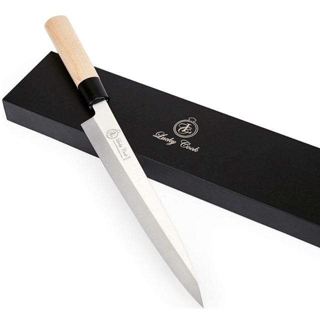 Sashimi Sushi Knife 10 Inch - Perfect Knife For Cutting Sushi & Sashimi, Fish Filleting & Slicing - Very Sharp Stainless Steel Blade & Traditional Wooden Handle + Gift Box