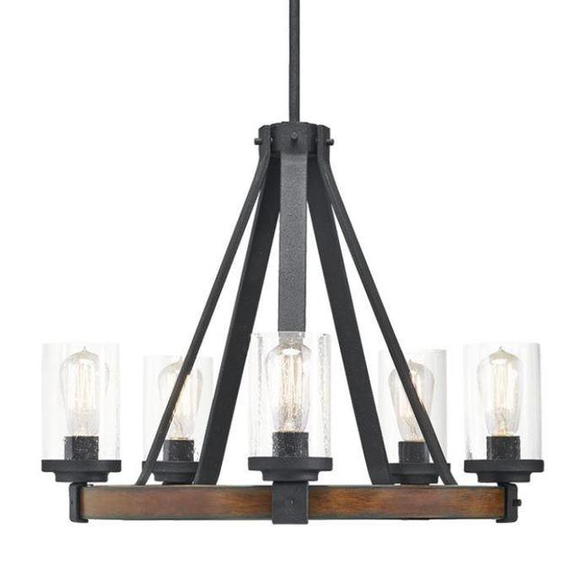 Kichler Barrington 5-Light Distressed Black and Wood Rustic Clear Glass Candle Chandelier