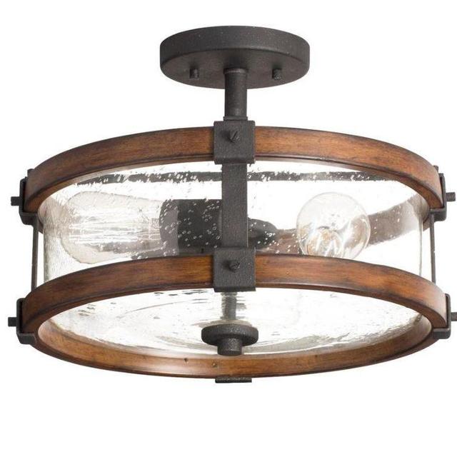 Kichler Barrington 14.02-in W Distressed Black And Wood Seeded Semi-Flush Mount Light