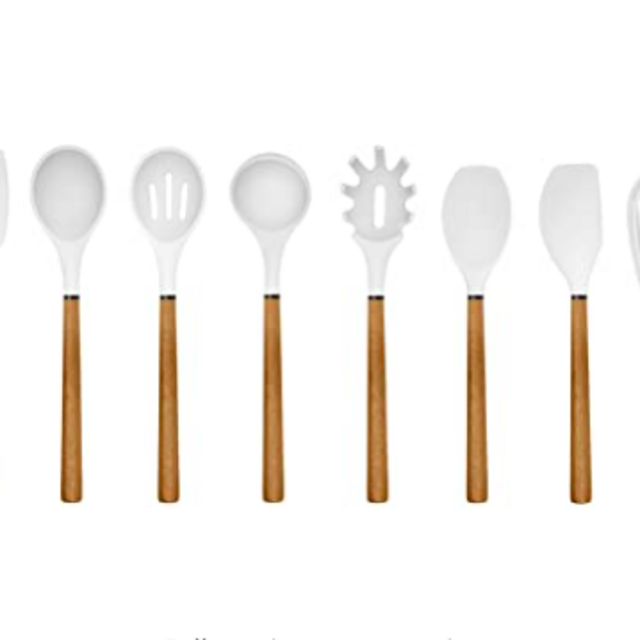 Country Kitchen 8 pc Non Stick Silicone Utensil Set with Rounded Wood Handles for Cooking and Baking - White