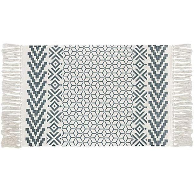 Ukeler Decorative Washable Kilim Rug Hand Woven Cotton Printed Area Rugs with Tassels Door Mat Accent Throw Rug for Kitchen Laundry Room Bedroom, 23.6" x 51.2"